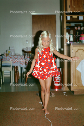 Girl walking a line, balance, July 1972, 1970s