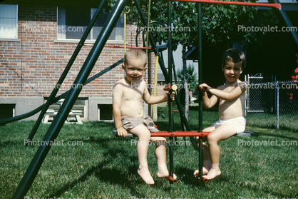 lawn, Backyard, Boy, Girl, Swing Set, June 1960, 1960s