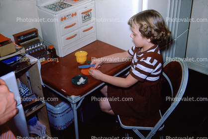 Girl playing being a cook, play oven, stove, cute, cash register, 1950s