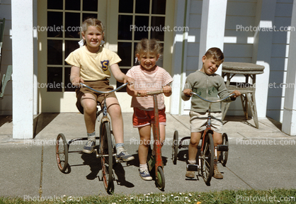 Girl, Boy, Tricycle, scooter, sister, brother, siblings, Whiffen Pass, 1950s