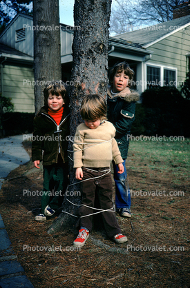 Boys Tied up to a Tree, rope, funny, brothers