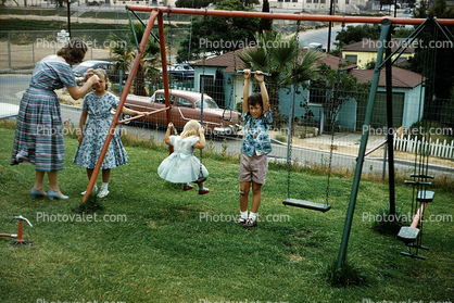 Girls on a Swing Set, Girls, Boy, Mother, August 1958, 1950s