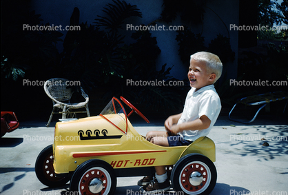 Peddle Car, Hot-Rod, smiling boy, July 1960, 1960s
