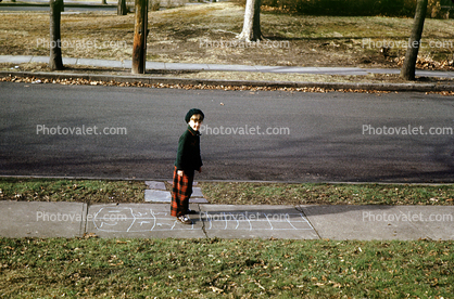 Hopscotch, road, sidewalk, Girl, Glen Rock New Jersey, April 1952, 1950s