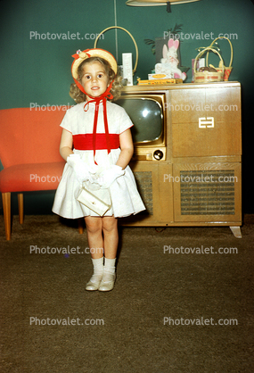 Girl, Chair, Television Console, Dress, Carpet, 1950s