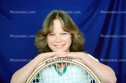 Smiling Girl, Oversize Tennis Racquet, 1970s Hairdoo