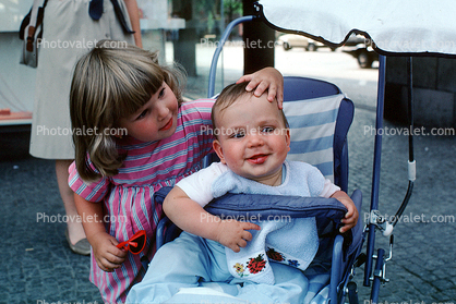 Baby Carriage, Sister, Brother, Girl, Boy, Smiles, 1970s