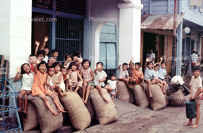 Girls, Boys, Waving, Sacks, Sibolga Indonesia