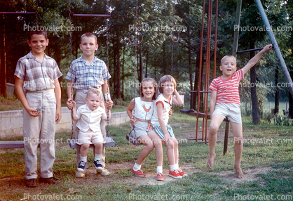 Swing Set, gym, Brothers and Sisters, Male, Boy, Female, Girl, 1950s