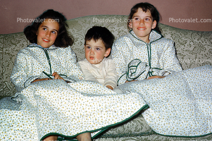 Bedtime, Couch, Boy, Girls, Brother, Sister, Pajamas, Smiles, nightwear, 1950s