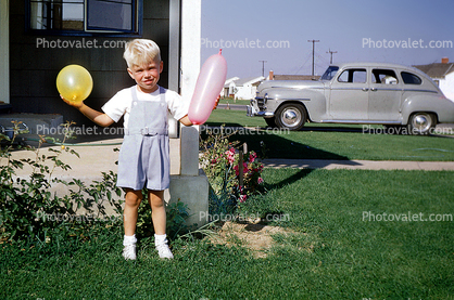 Boy, Balloons, Old Car, Frontyard, Grass, Lawn, 1940s