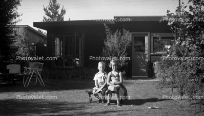 girls, Friends, Seat, Sitting, backyard, smiles, smiling, cute, 1950s