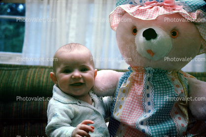 1960s, big teddy bear, smiles, baby, Toddler