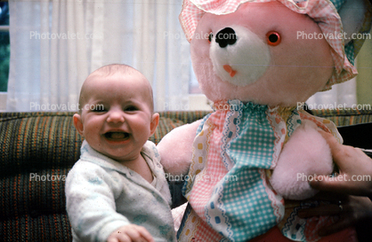 1960s, big teddy bear, smiles, baby, Toddler