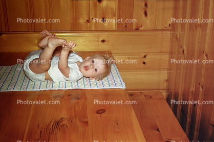 Wood, Toddler, Girl, Baby, Diaper, feet, hands, 1950s