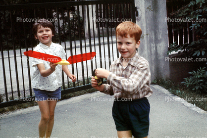 Sister, Brother, Boy, Girl, Helicopter Toy, Smiles, Happy, 1960s