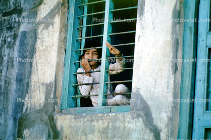 Schoolboy in the Window, building, window