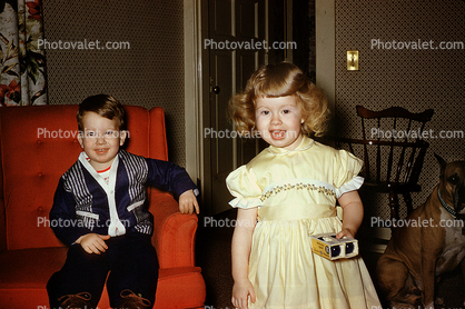 Cute Girl, Boy, Sister, Brother, Smiles, Laugh, Springtime, Easter, April 1960, 1960s