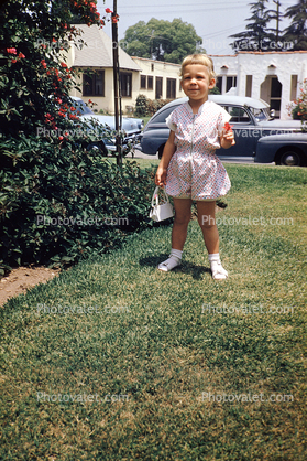 Little Girl, Lawn, cars, 1950s