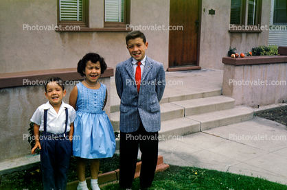 Boys, Girl, Formal Dress, suspenders, dress, suit and tie, 1950s
