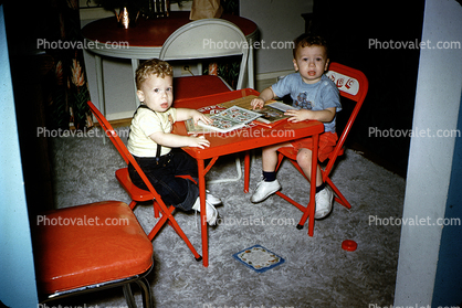 Toddler Boys sitting, table, chairs, cute, funny, 1950s