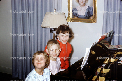 Siblings at the Piano, Girls, Boy, lamp, 1950s