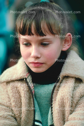 Girl with bangs, face, jacket, coat