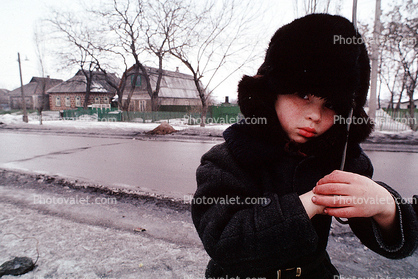 Girl, hat, cold, ice, snow, hand, coat, homes, houses, street, Moscow