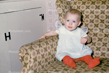 Baby, Stockings, Dress, Sitting, Chair, Seat, 1950s