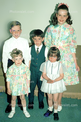 Kids, Brother, Sister, Siblings, smiles, smiling, cute, formal dress, dresses, flowery, suit and tie, 1960s