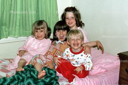 Kids on a Bed, Laughing, Cute, Pajama, smiles, smiling, nightwear, 1970s