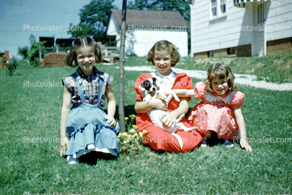 Girls, Sisters, Puppy, 1940s