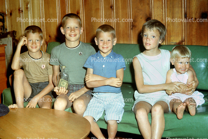 Family, Group, Sofa, Sisters, Brothers, Siblings, smiles, smiling, cute, boys, girls, July 1960, 1960s