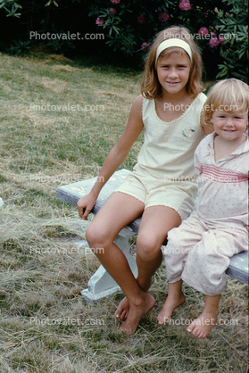 Girls, Sisters, Barefoot, Bench, Sitting, July 1967, 1960s