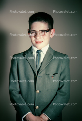 Boy with glasses, suit, formal, coat, tie, glasses, 1960s