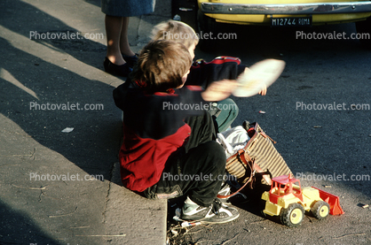 Boys, Curb, Rome, Italy, Front Loader, Toy Truck