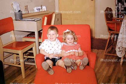 Brother, Sister, Siblings, Sitting, desk, chair, 1950s