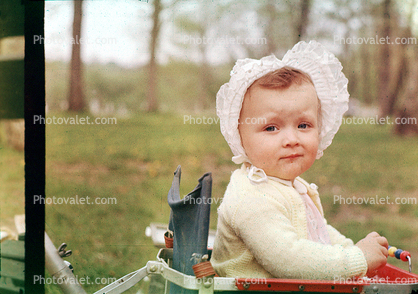 Pensive Girl, baby, bonnet, sweater, 1940s