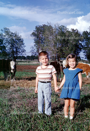 Brother, Sister, Siblings, Girl, Boy, Cow, 1960s