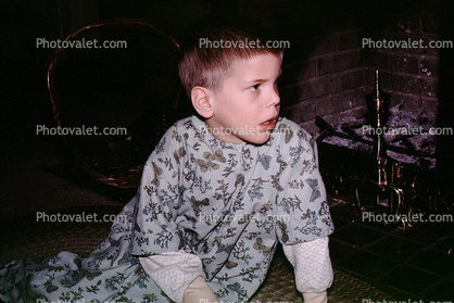 Boy, Pajamas, Fireplace, nightwear, 1950s