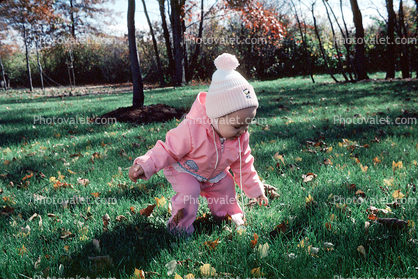 Girl, Toddler, Backyard, Autumn, Cold, Coat, Jacket, Hat, 1960s