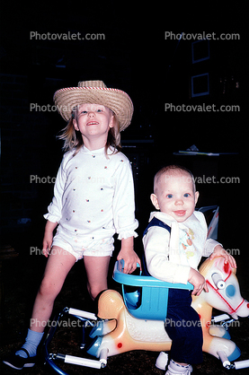 Cowgirl, Smiles, Rocking Horse, Hat, Girl, Baby, 1960s