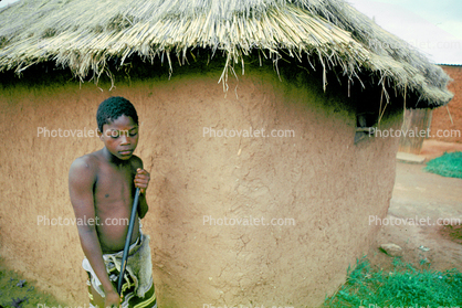 Boy, Male, grass thatched roof, building, Sod