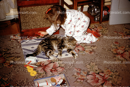 Vicky brushes her Cat, cute, adorable, pajama, 1950s