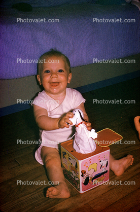 Baby Girl, Jack-in-the-box, cute, funny, smiles, toddler, 1950s
