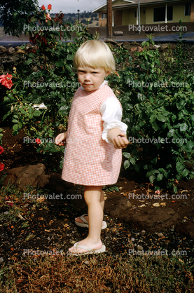Little Girl in the Garden, thongs, dress, 1950s