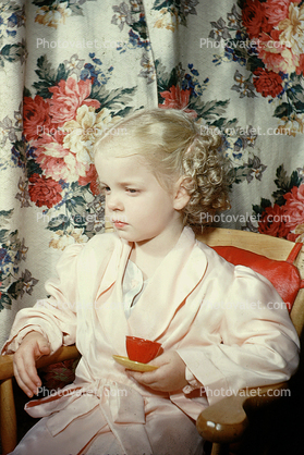 Girl Sitting, Pink Robe, Flowery Cutrains, Holding teacup, 1940s