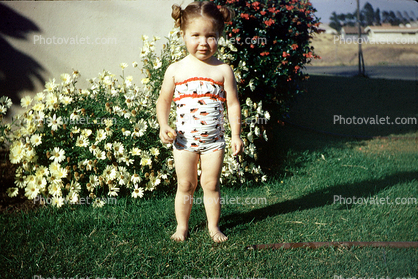 Girl, Toddler, Barefeet, Grass, Retro, 1950s