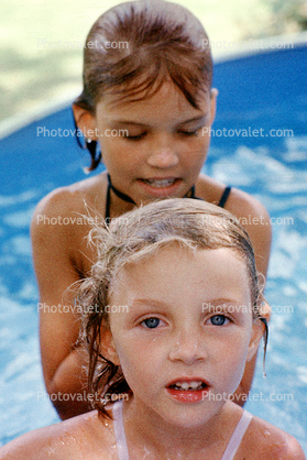 Girls, Wet, Backyard Pool, smiles, July 1979, 1970s