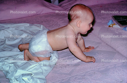 Baby, Diapers, Shirtless, Cute, Crawling, Arms, Bed, Sheet, 1960s, Toddler